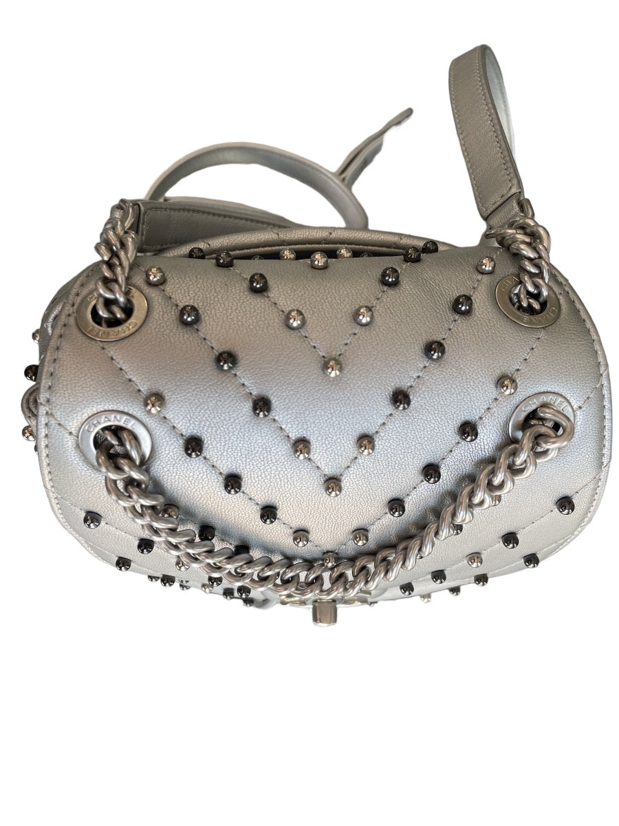 Chanel Metallic Silver Chevron Lambskin Stud Wars Backpack
