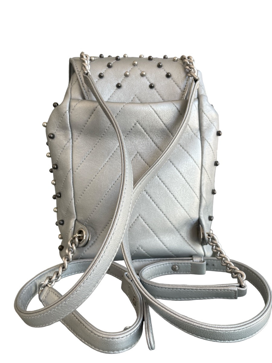 Chanel Metallic Silver Chevron Lambskin Stud Wars Backpack