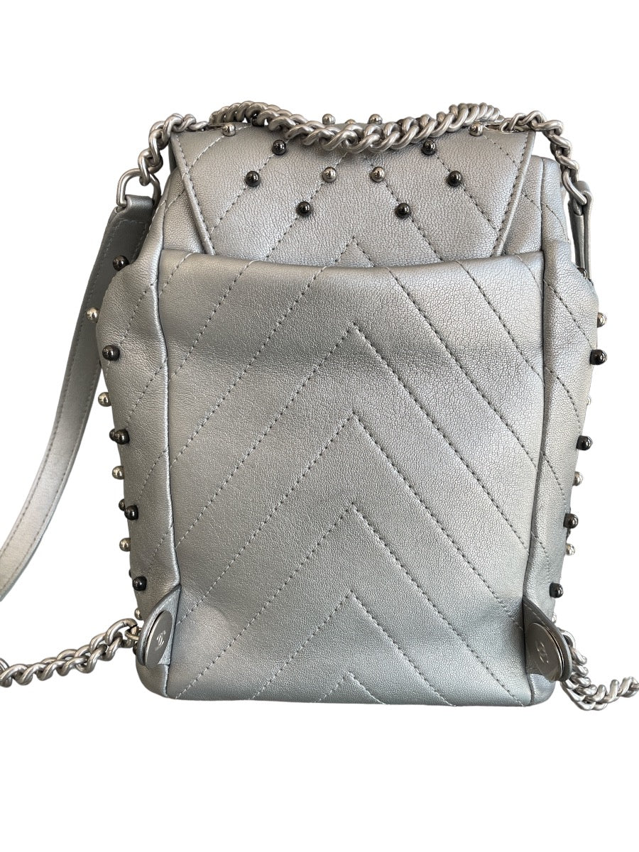 Chanel Metallic Silver Chevron Lambskin Stud Wars Backpack