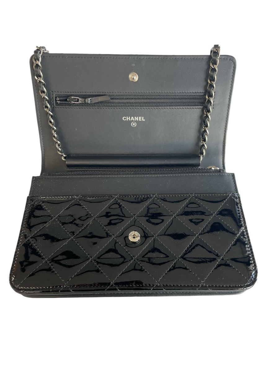 Chanel Black Patent Leather Wallet on Chain Crossbody