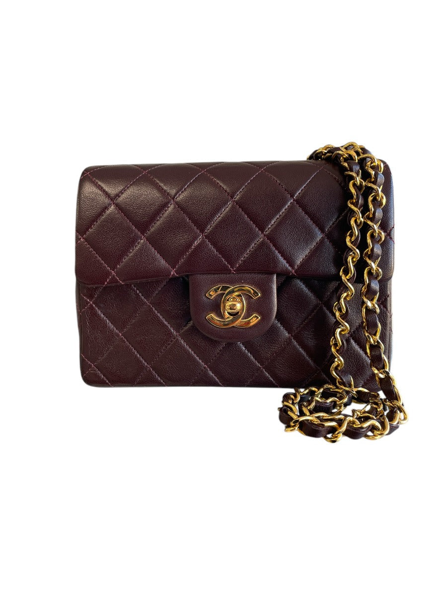 Chanel Bordeaux Lambskin  Classic Mini Square GHW Bag