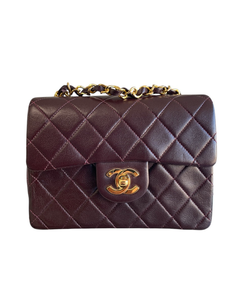 Chanel Bordeaux Lambskin  Classic Mini Square GHW Bag
