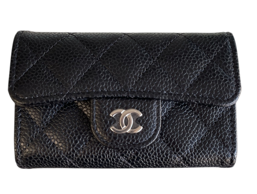 Chanel Black Quilted Caviar Flap Card Holder Wallet  Silver Hardware