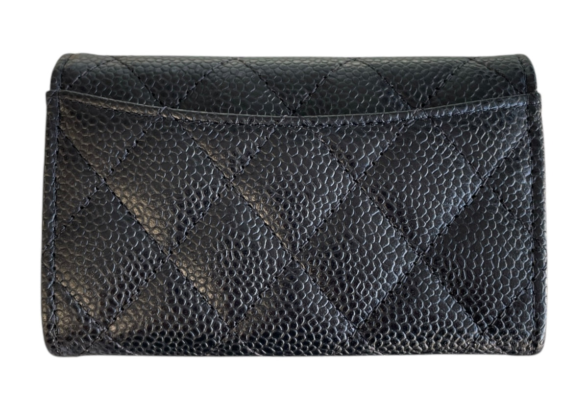 Chanel Black Quilted Caviar Flap Card Holder Wallet  Silver Hardware
