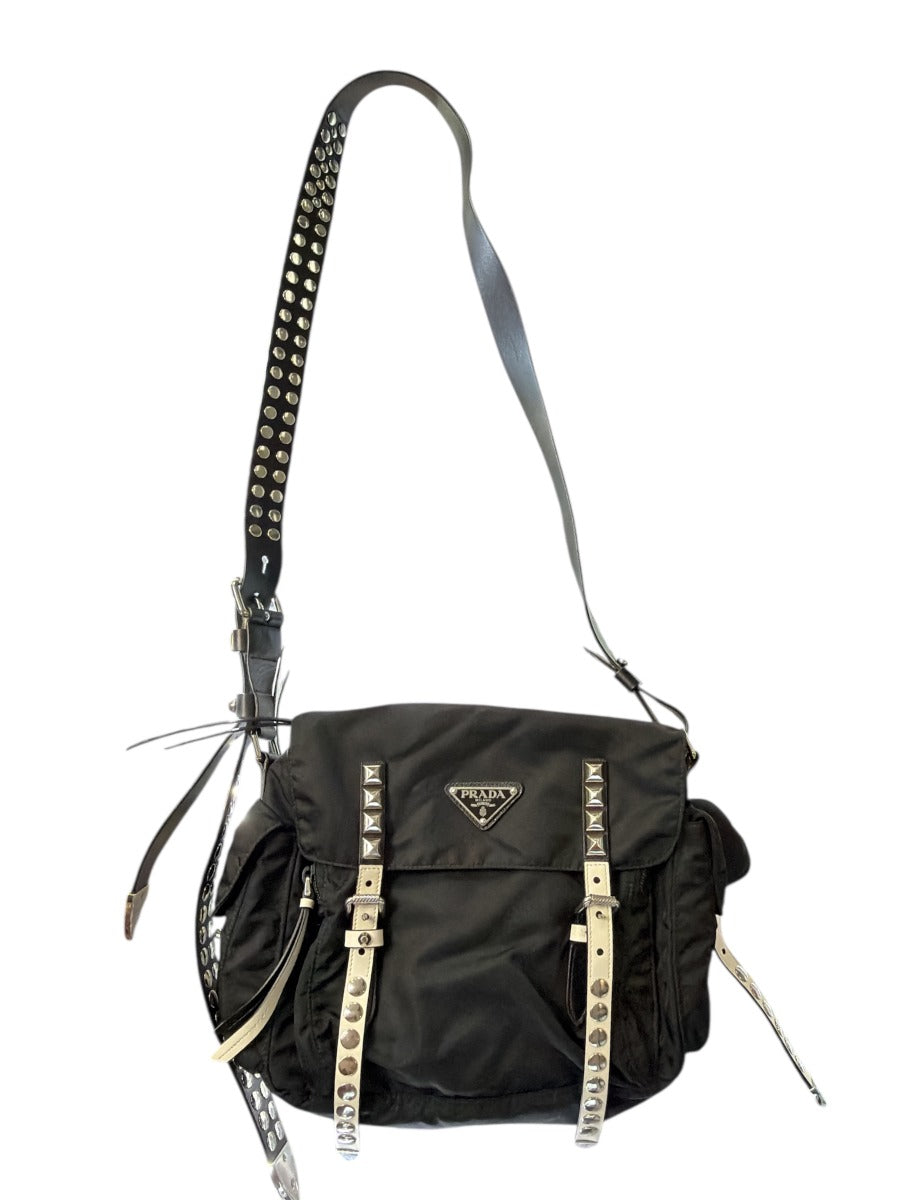 Prada Black Nylon Messenger Bag with Studds