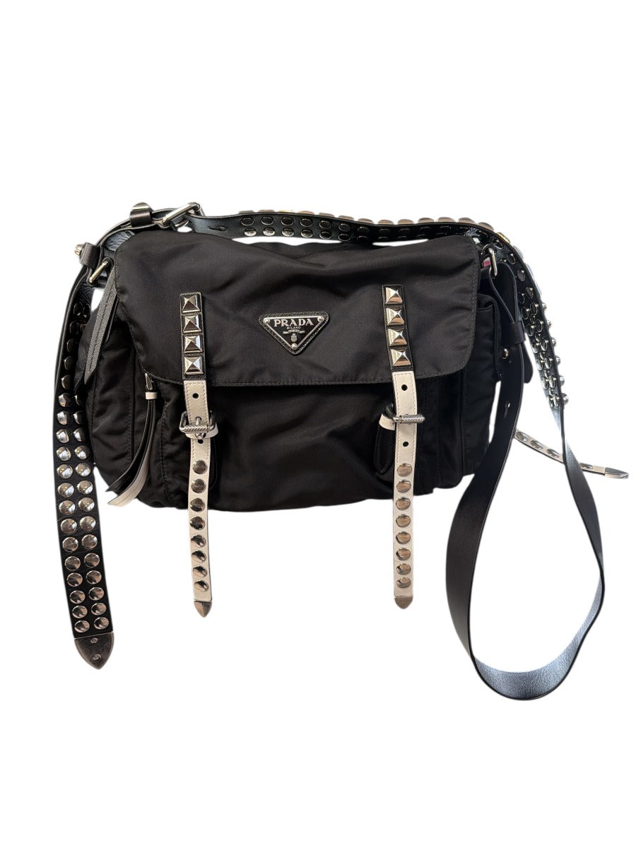 Prada Black Nylon Messenger Bag with Studds