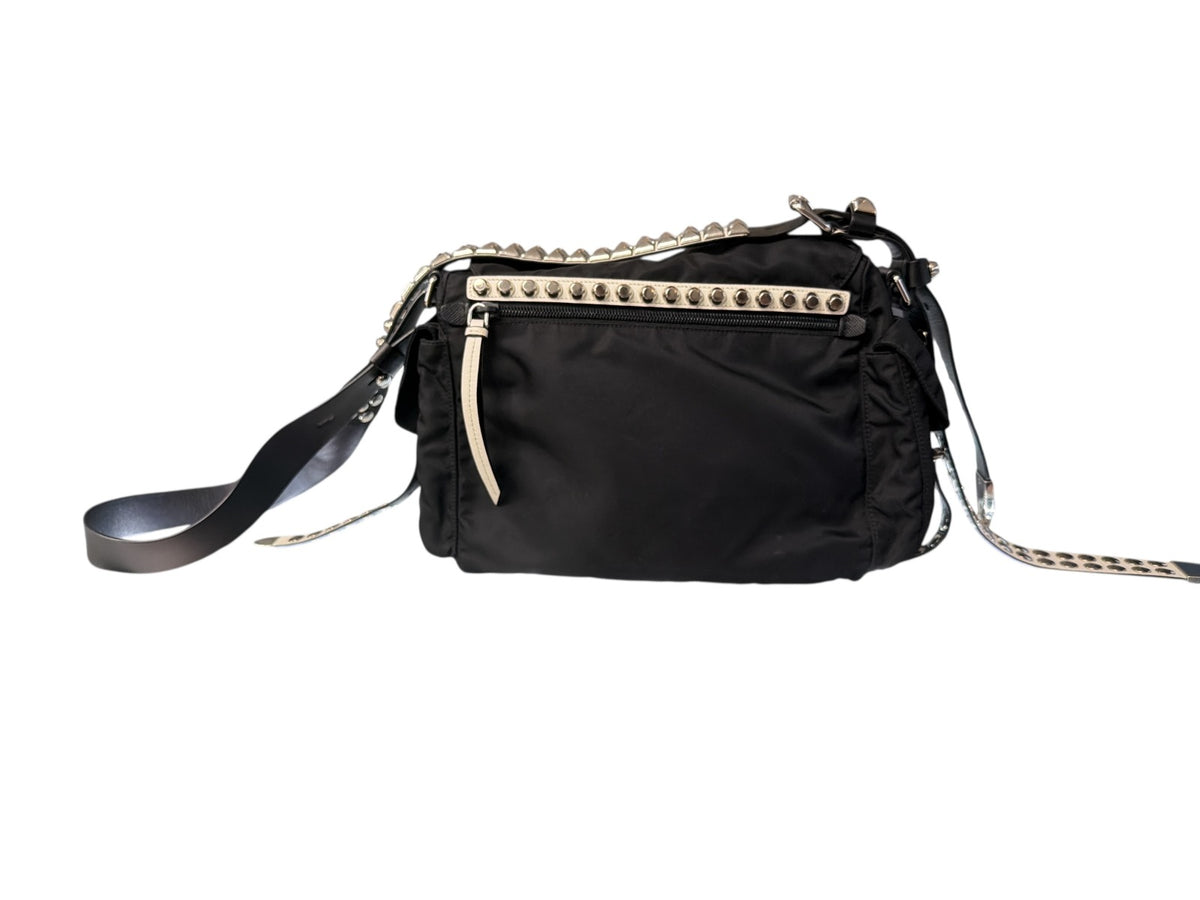 Prada Black Nylon Messenger Bag with Studds
