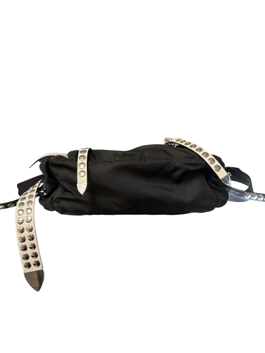 Prada Black Nylon Messenger Bag with Studds