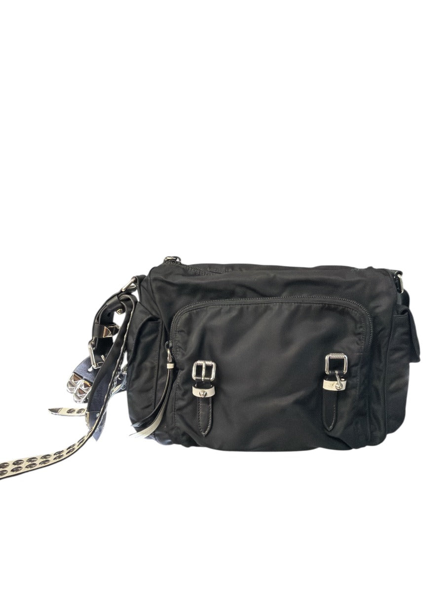 Prada Black Nylon Messenger Bag with Studds