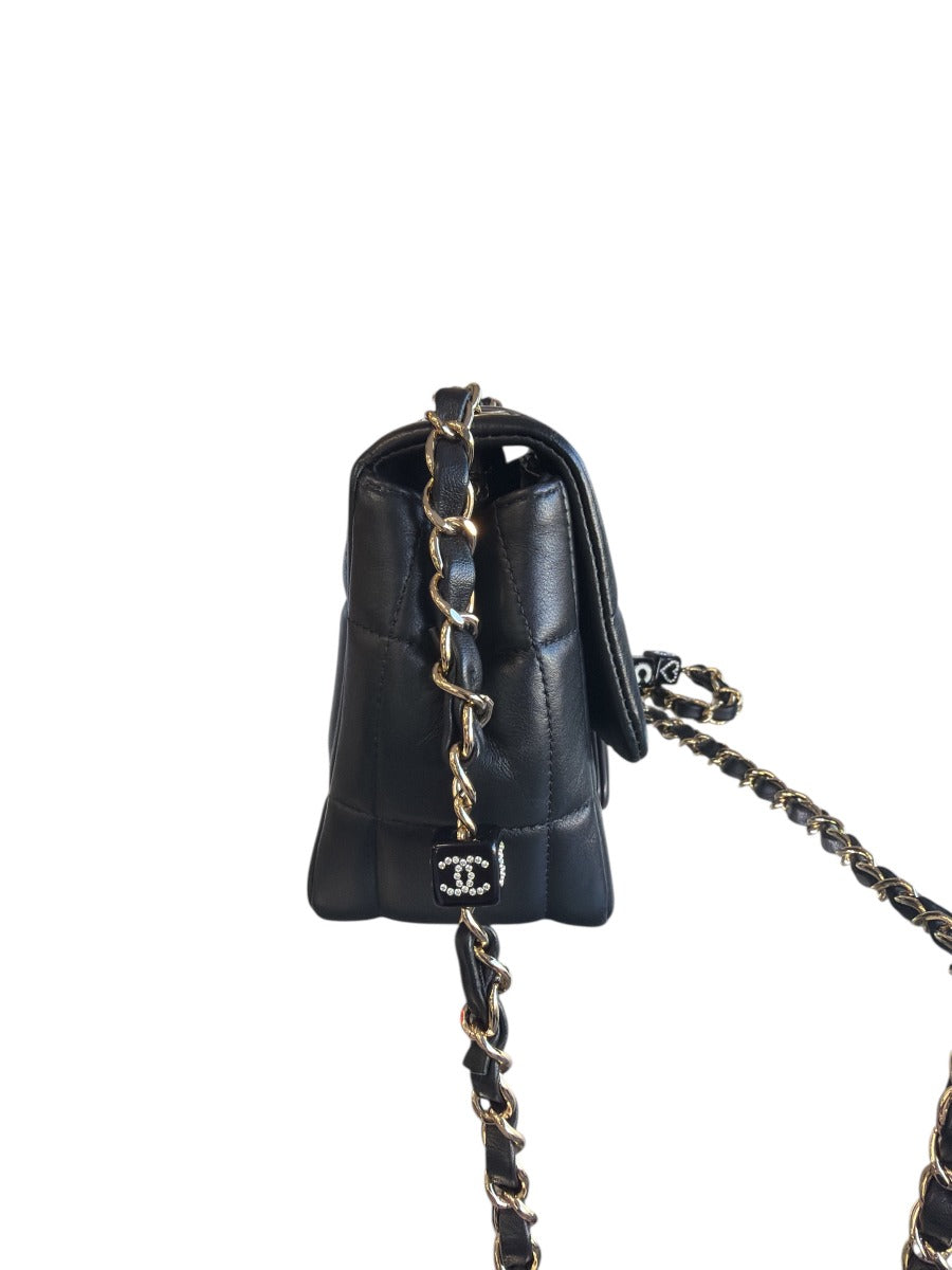 Chanel Black Monaco Logo Blocks Mini Square Flap Bag Lambskin