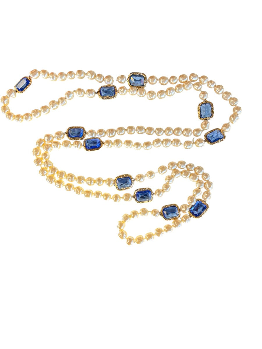 1981 CHANEL Blue Chicklet and Pearl Gripoix Necklace 66'' Long Sautoir