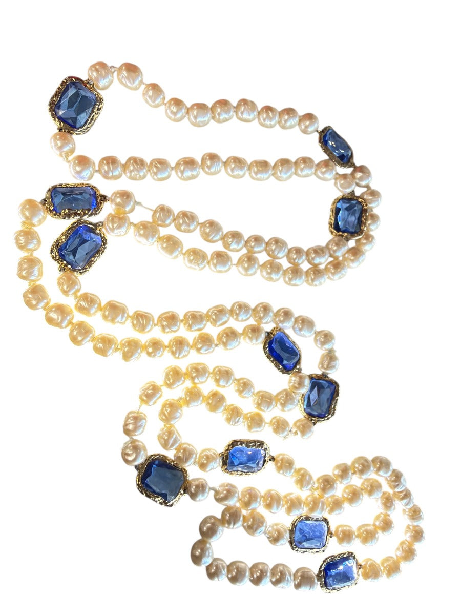 1981 CHANEL Blue Chicklet and Pearl Gripoix Necklace 66'' Long Sautoir