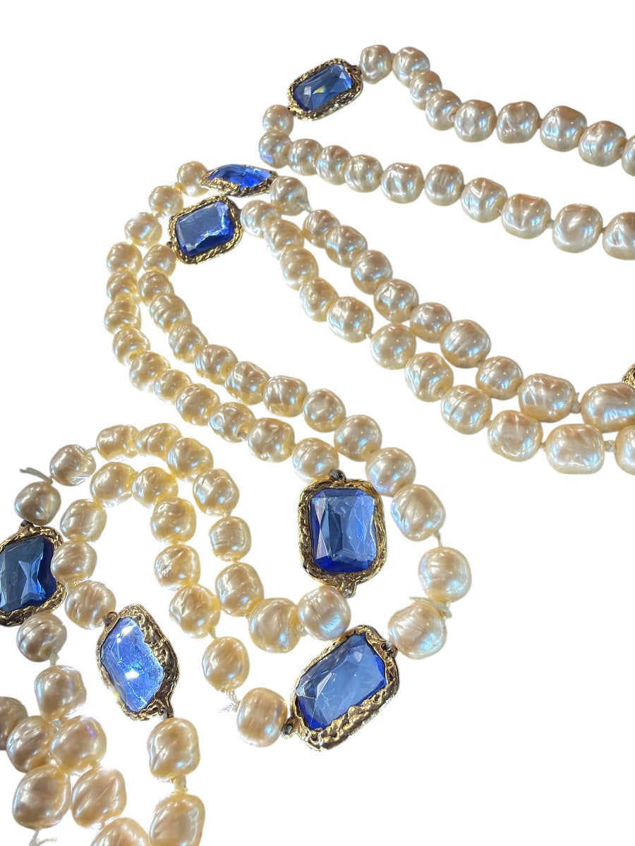 1981 CHANEL Blue Chicklet and Pearl Gripoix Necklace 66'' Long Sautoir