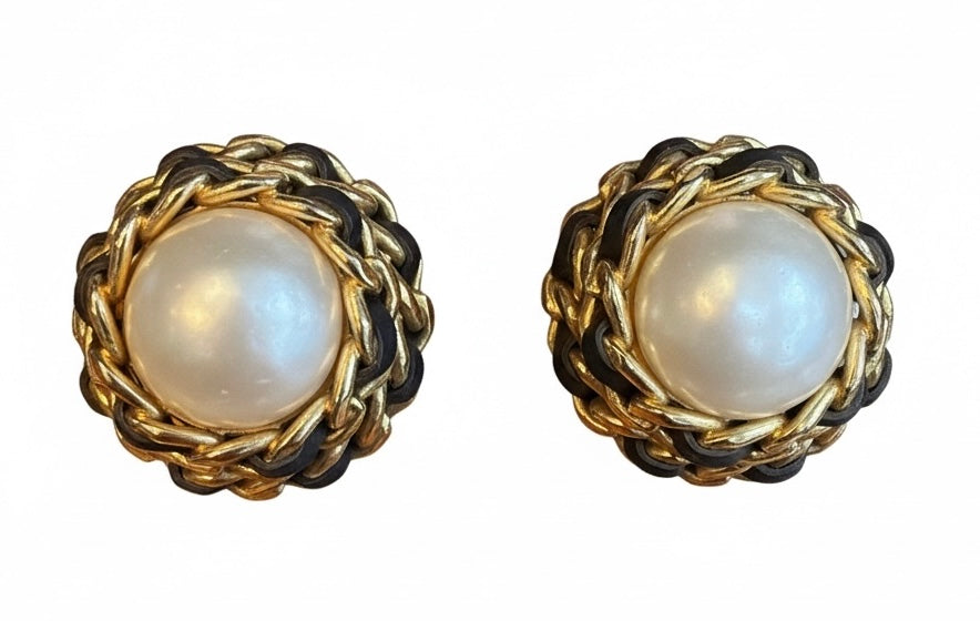 Chanel Vintage Gold Plated and Black Woven Leather Chain Faux Pearl Button Clip On Earrings