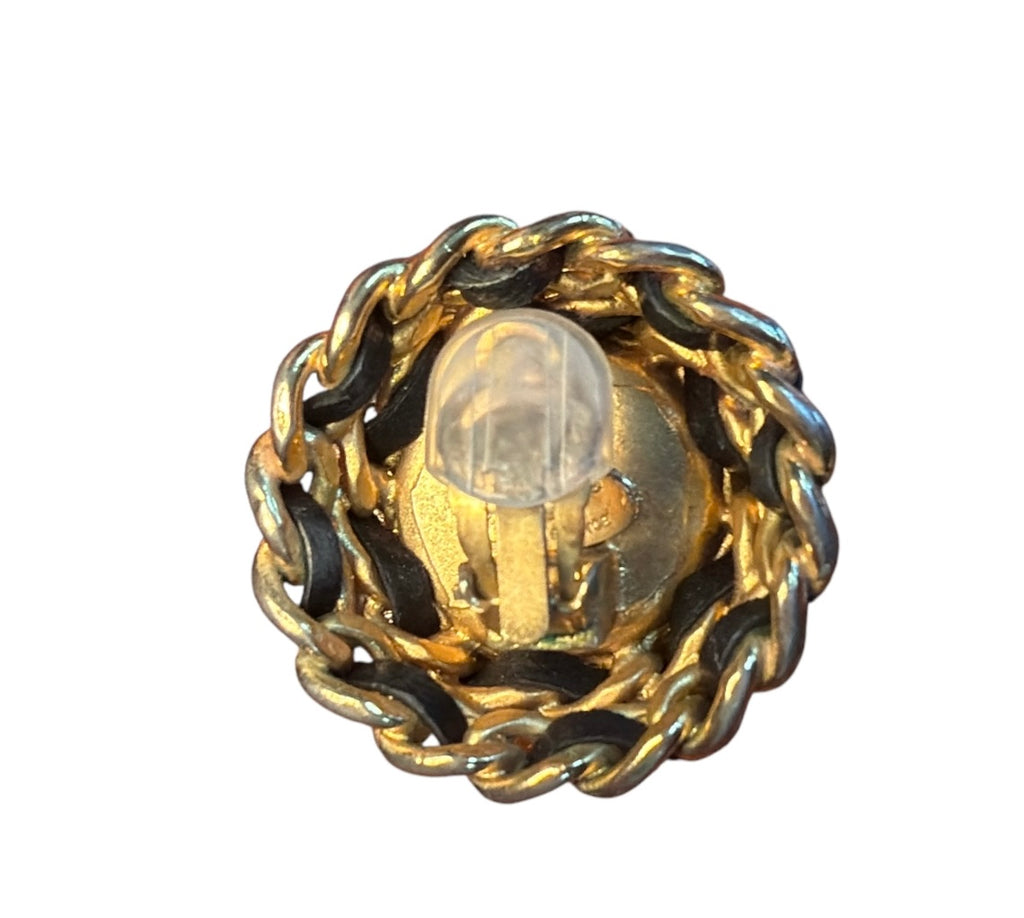 Chanel Vintage Gold Plated and Black Woven Leather Chain Faux Pearl Button Clip On Earrings