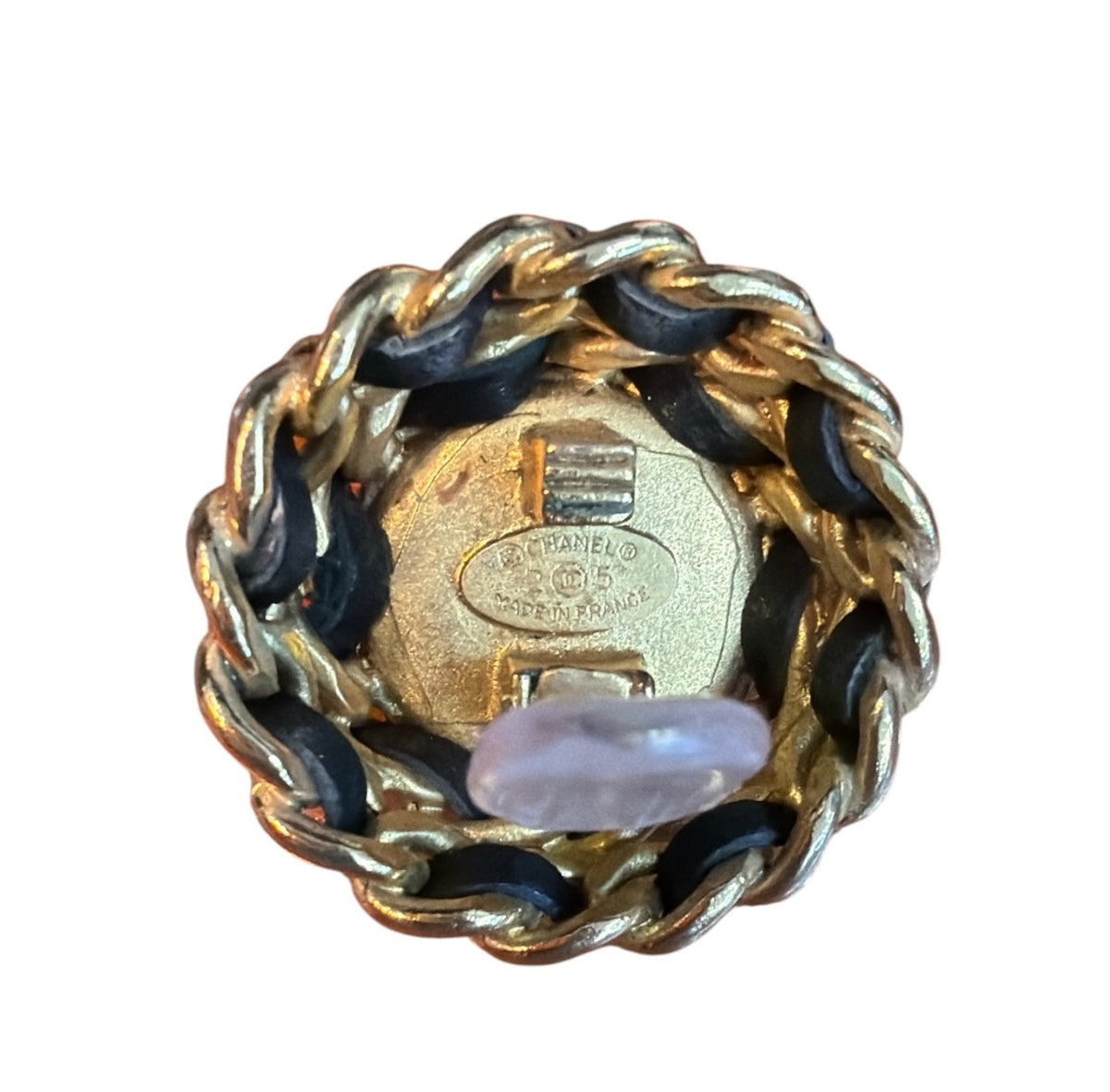 Chanel Vintage Gold Plated and Black Woven Leather Chain Faux Pearl Button Clip On Earrings
