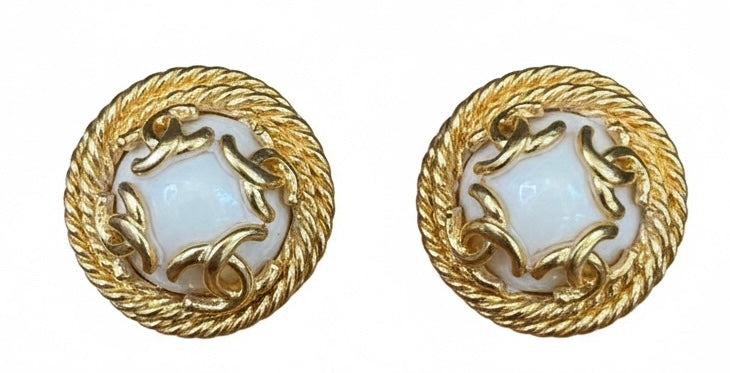Chanel Vintage Gold Plated and White Gripoix CC Button Clip On Earrings.