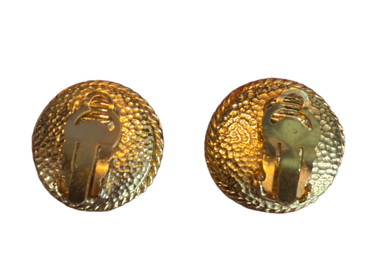 Chanel Vintage Gold Plated and White Gripoix CC Button Clip On Earrings.