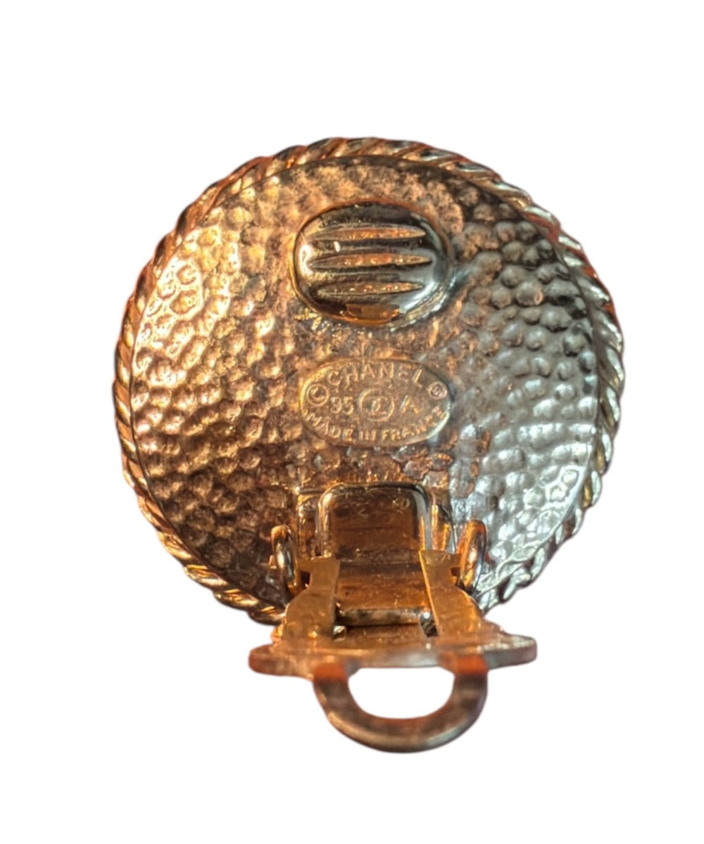 Chanel Vintage Gold Plated and White Gripoix CC Button Clip On Earrings.