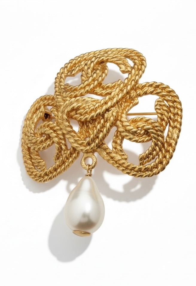 Chanel Vintage Gold Plated and Faux Pearl Triple CC Knot Brooch