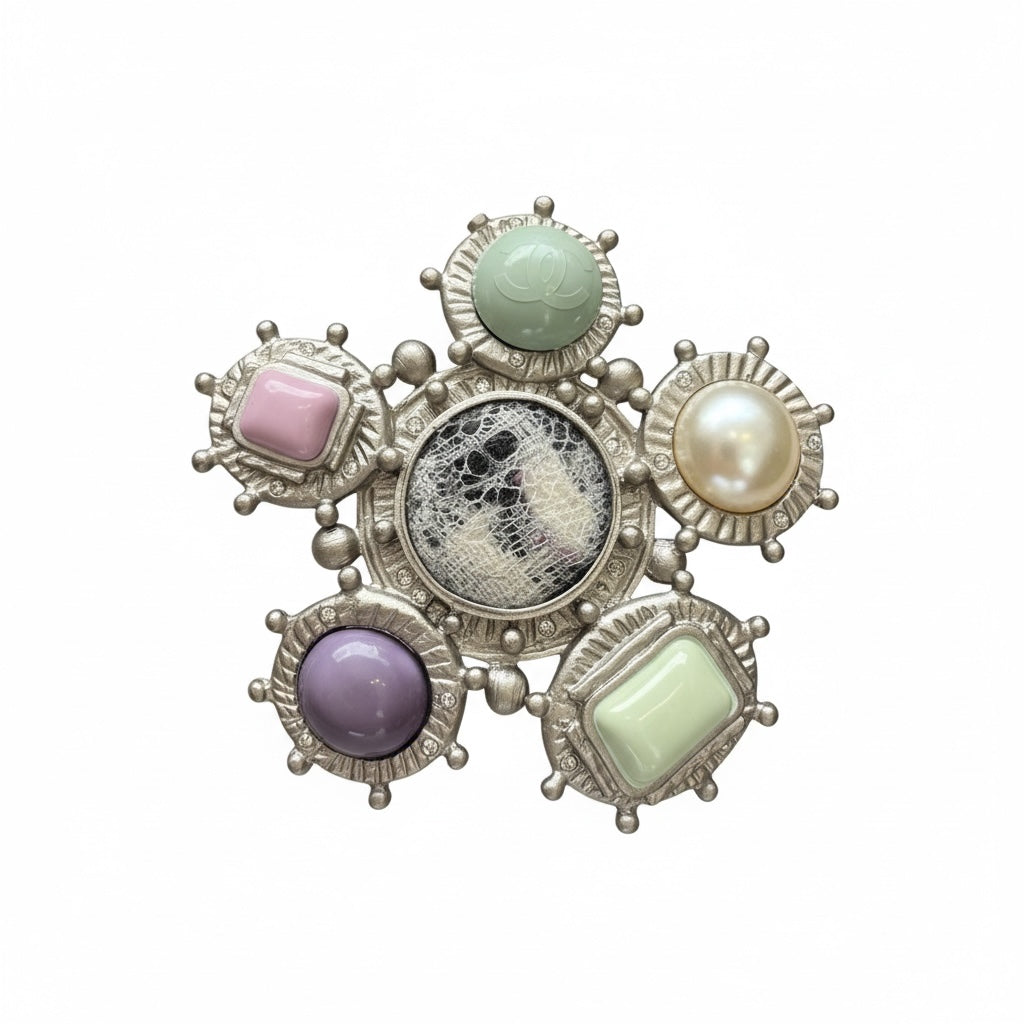 Chanel Brushed Silver Pastel Purple and Green Brooch