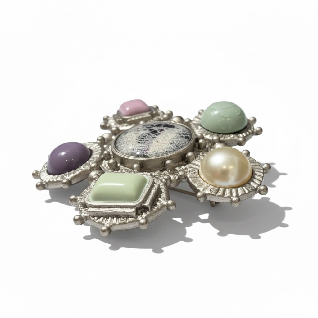Chanel Brushed Silver Pastel Purple and Green Brooch