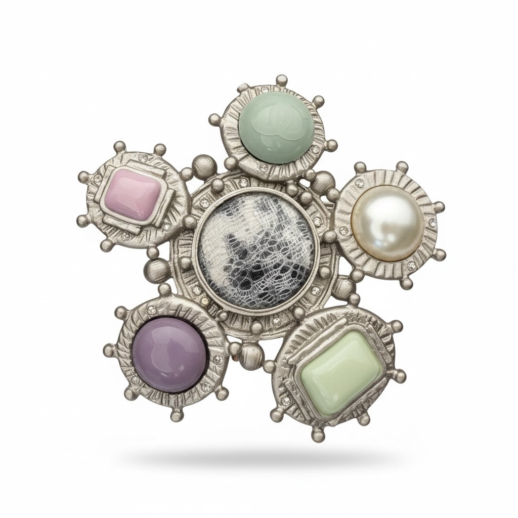 Chanel Brushed Silver Pastel Purple and Green Brooch