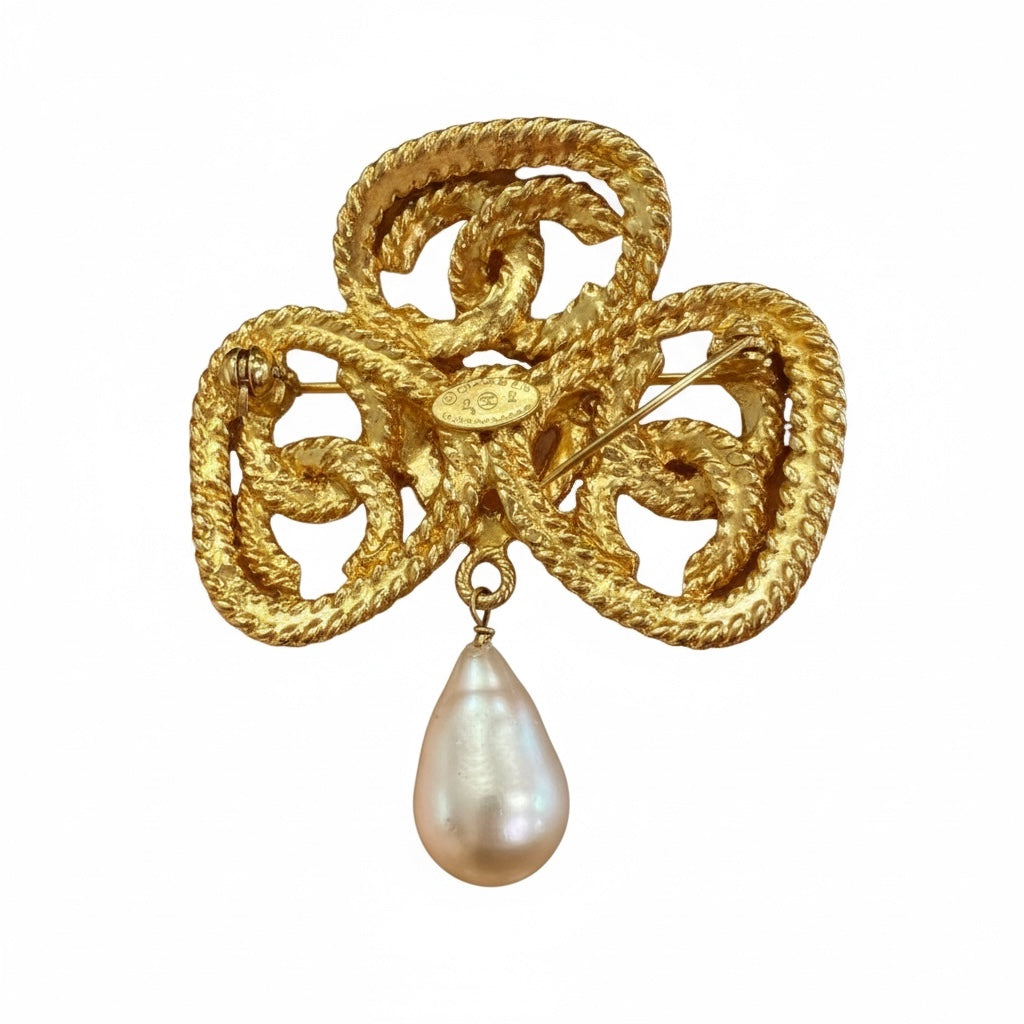Chanel Vintage Gold Plated and Faux Pearl Triple CC Knot Brooch
