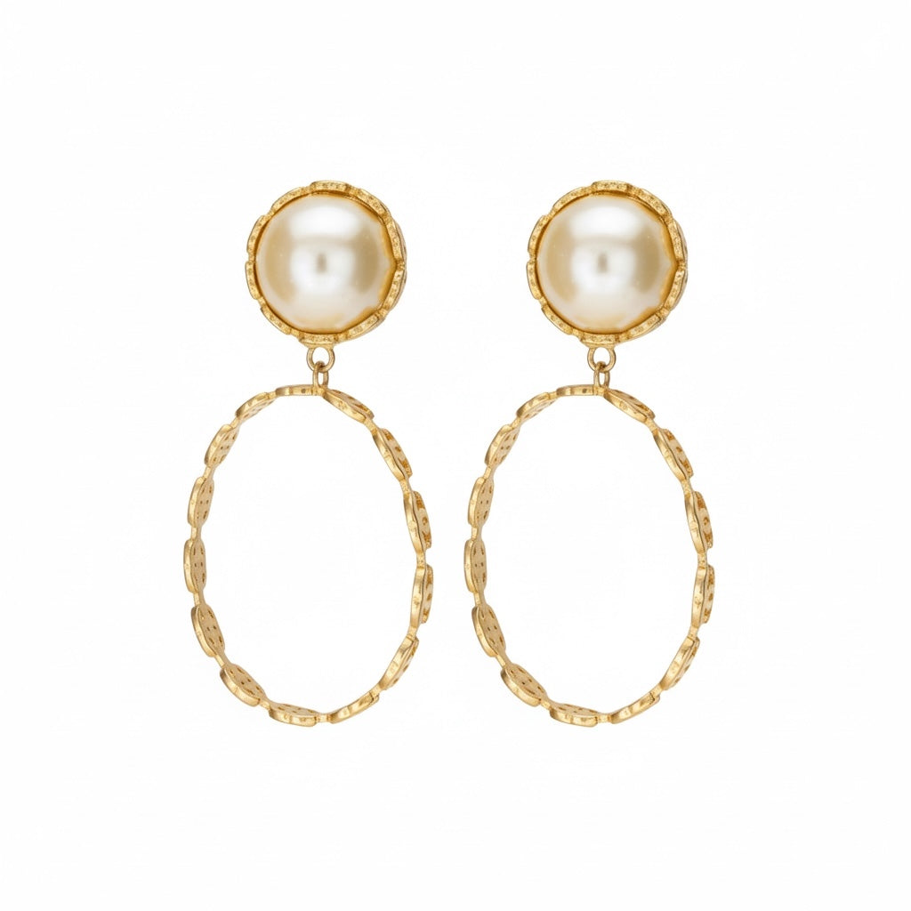 Chanel Vintage Gold Plated and Faux Pearl CC Hoop Clip On Earrings