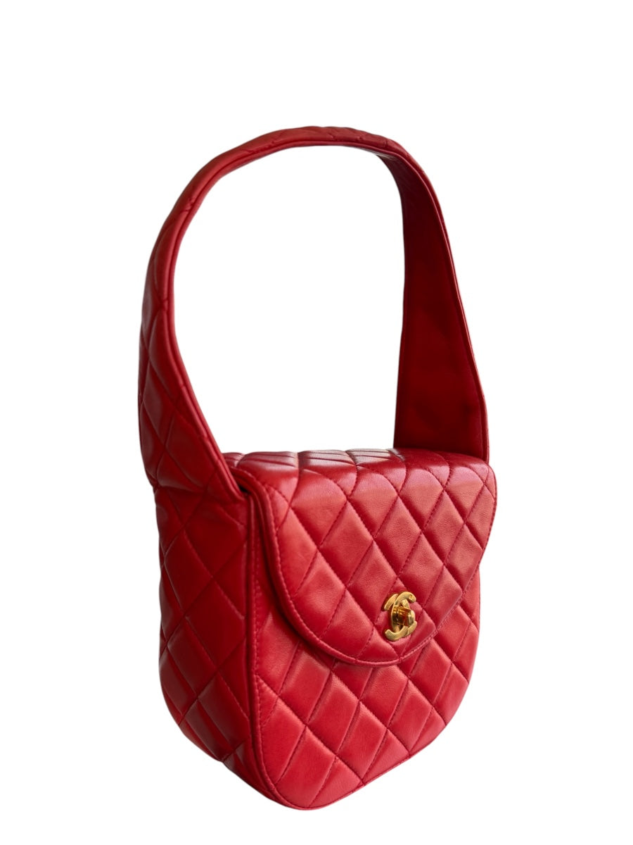 Chanel Red Lambskin Quited Mini Top Handle