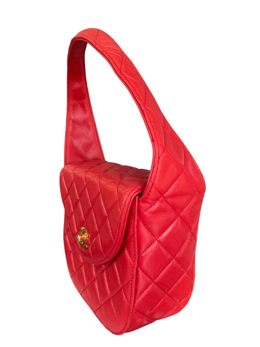 Chanel Red Lambskin Quited Mini Top Handle