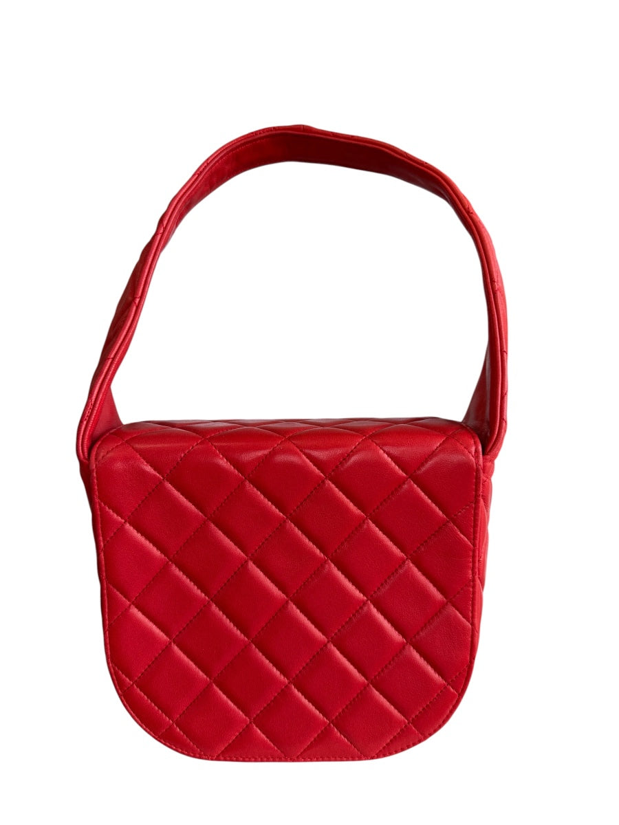 Chanel Red Lambskin Quited Mini Top Handle