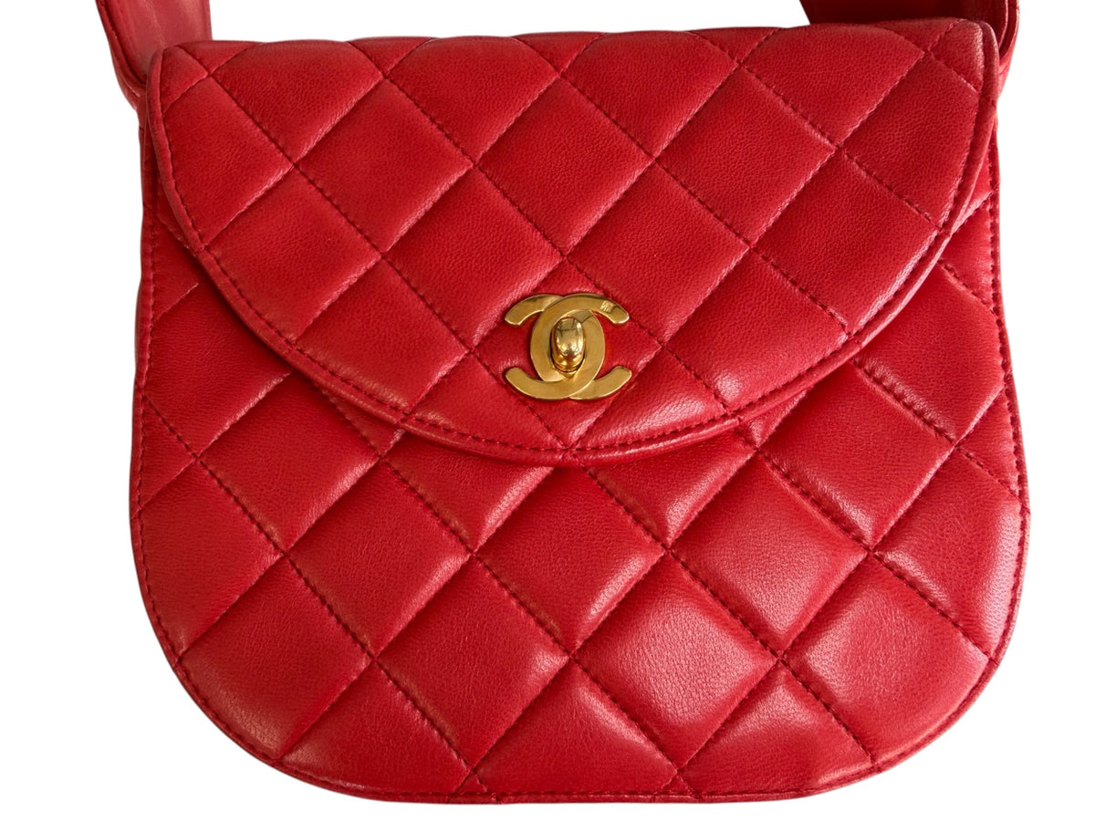 Chanel Red Lambskin Quited Mini Top Handle