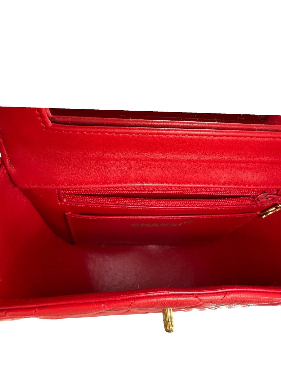 Chanel Red Lambskin Quited Mini Top Handle