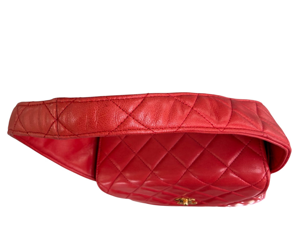 Chanel Red Lambskin Quited Mini Top Handle