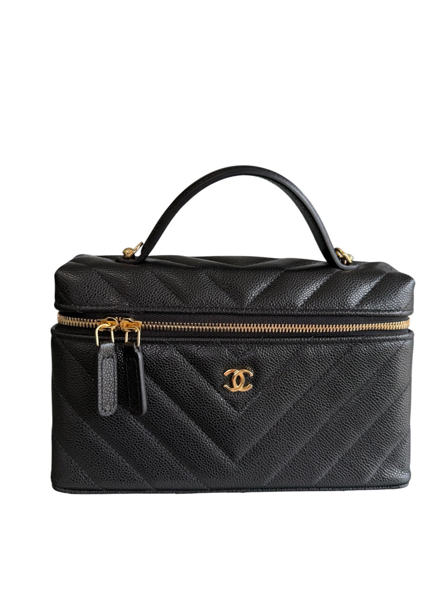 Chanel Caviar Chevron Slim Black Vanity W/Chain GHW