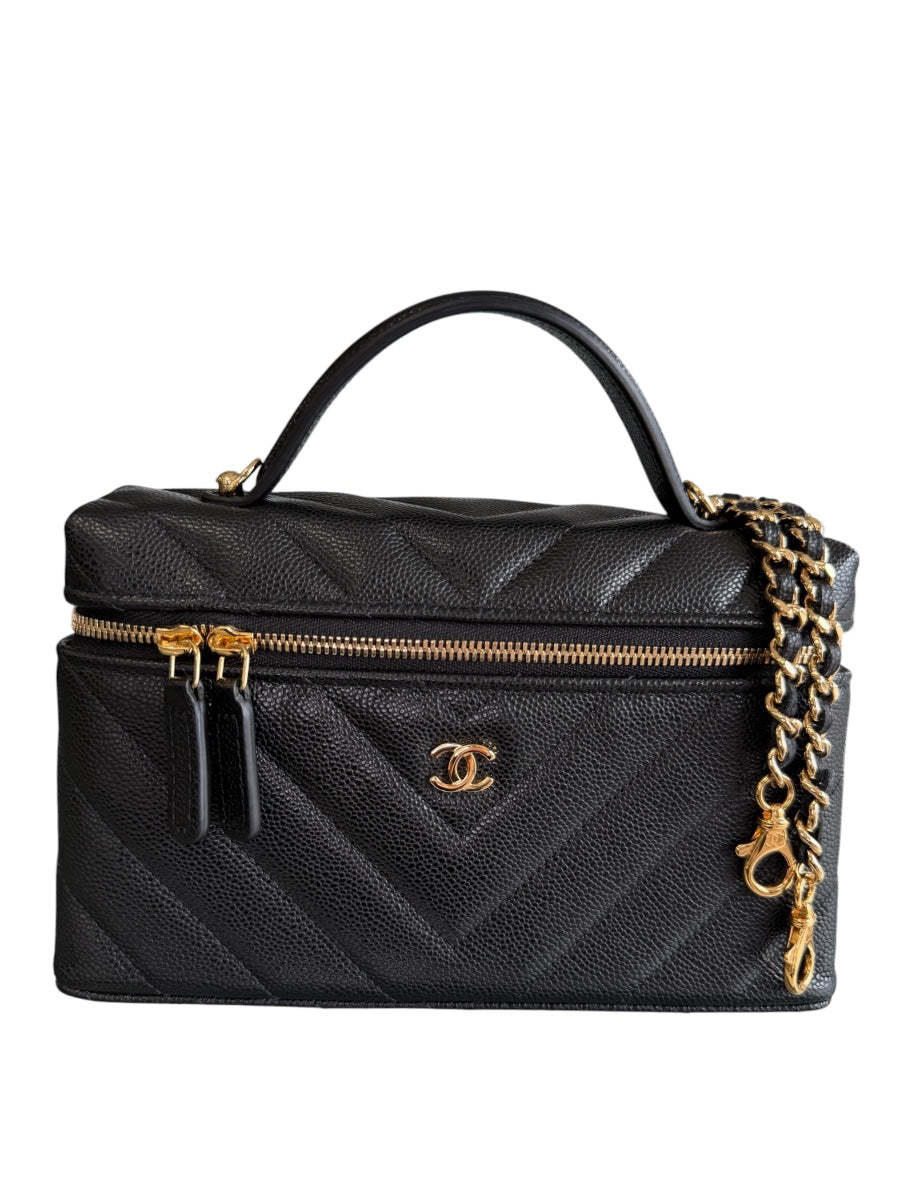 Chanel Caviar Chevron Slim Black Vanity W/Chain GHW