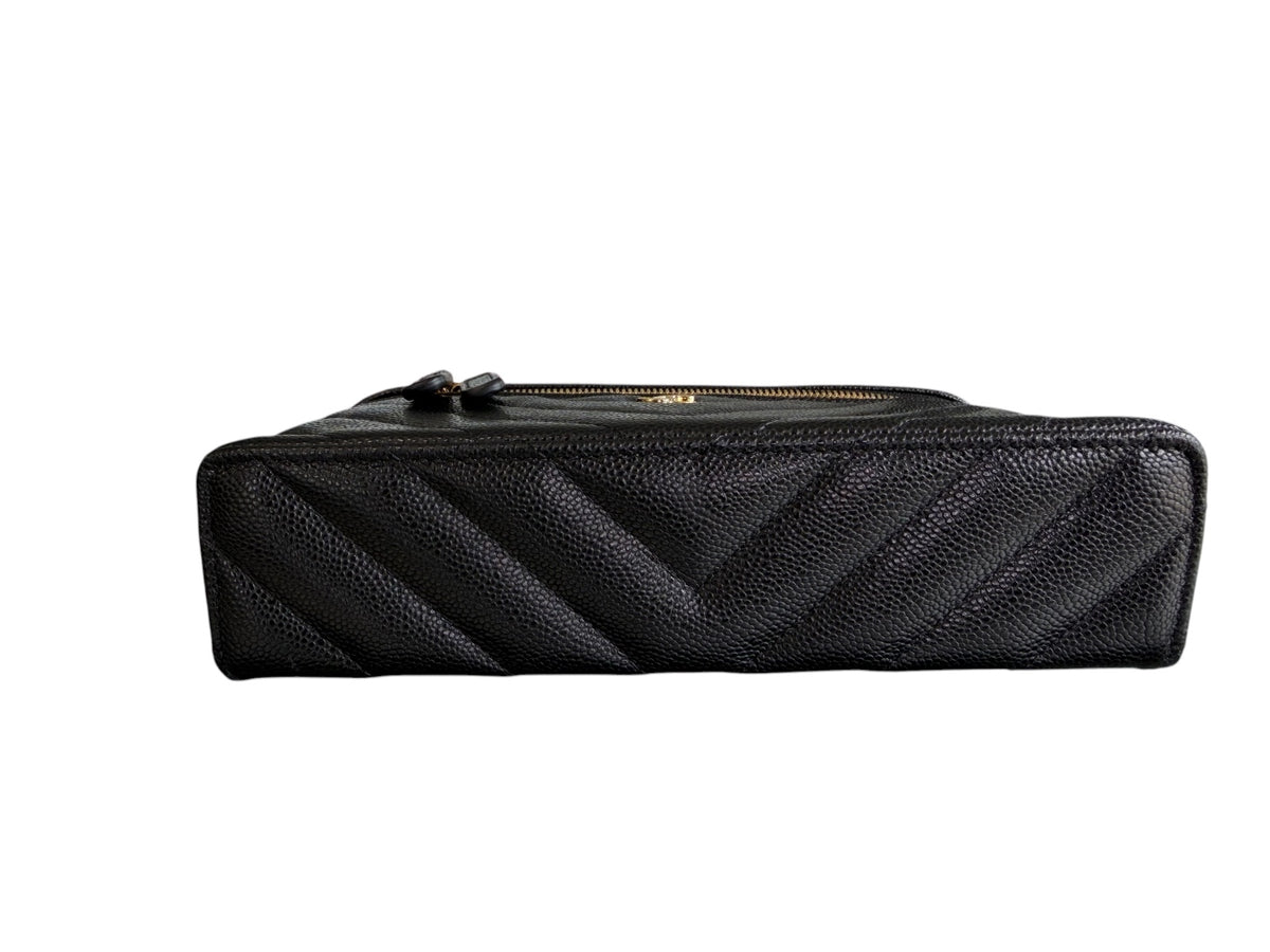 Chanel Caviar Chevron Slim Black Vanity W/Chain GHW