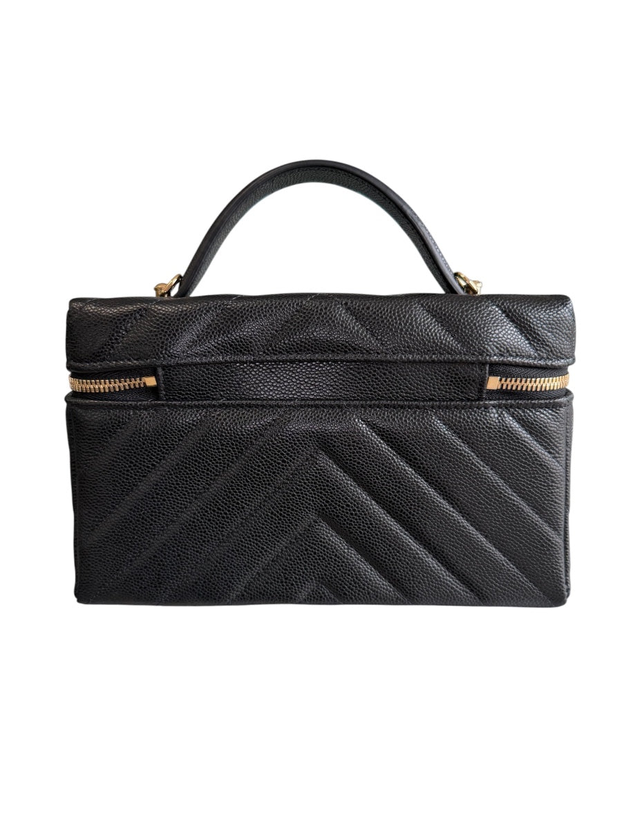 Chanel Caviar Chevron Slim Black Vanity W/Chain GHW