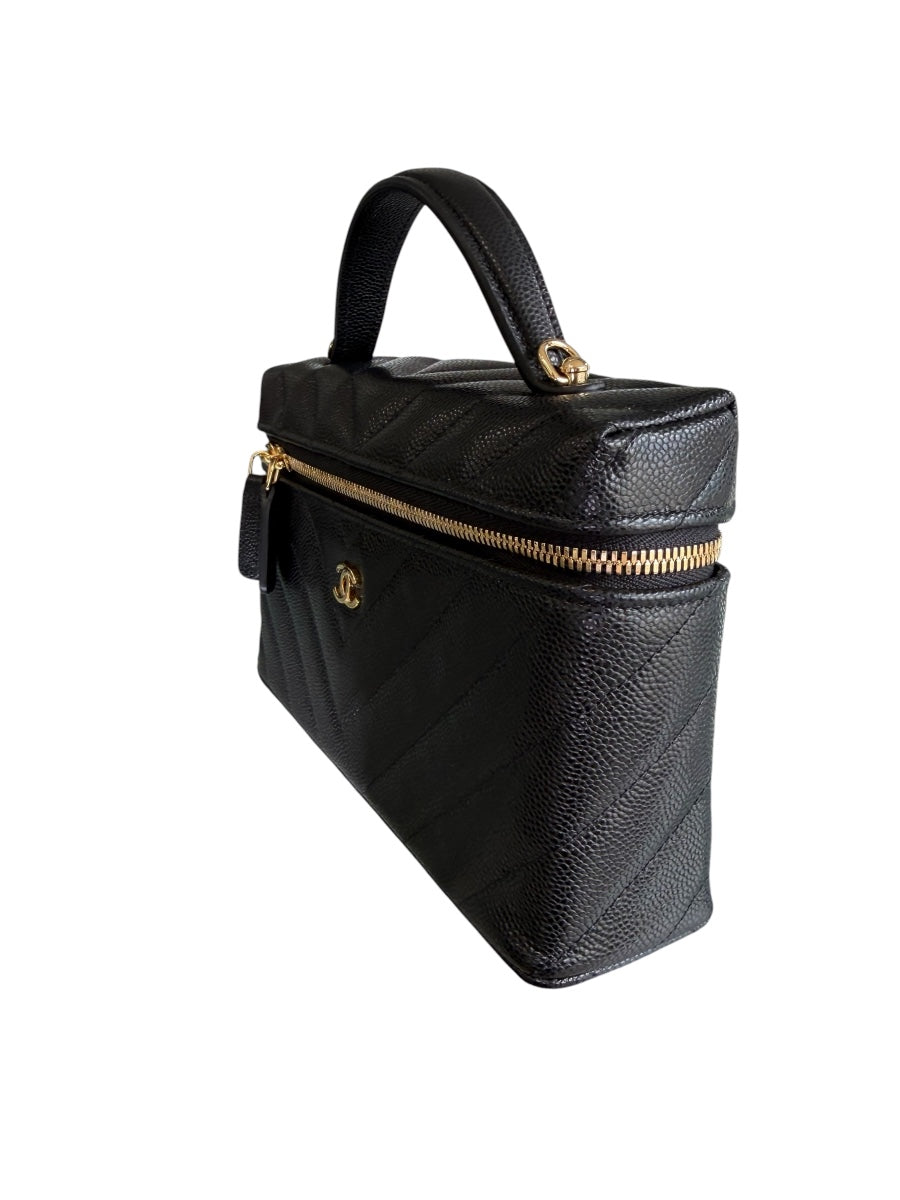 Chanel Caviar Chevron Slim Black Vanity W/Chain GHW