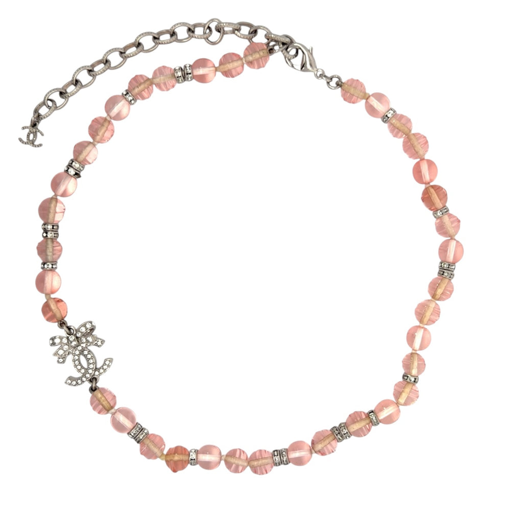 Chanel 2023 Chanel Stass & Pink Bead RS CC Bow Choker Necklace SHW