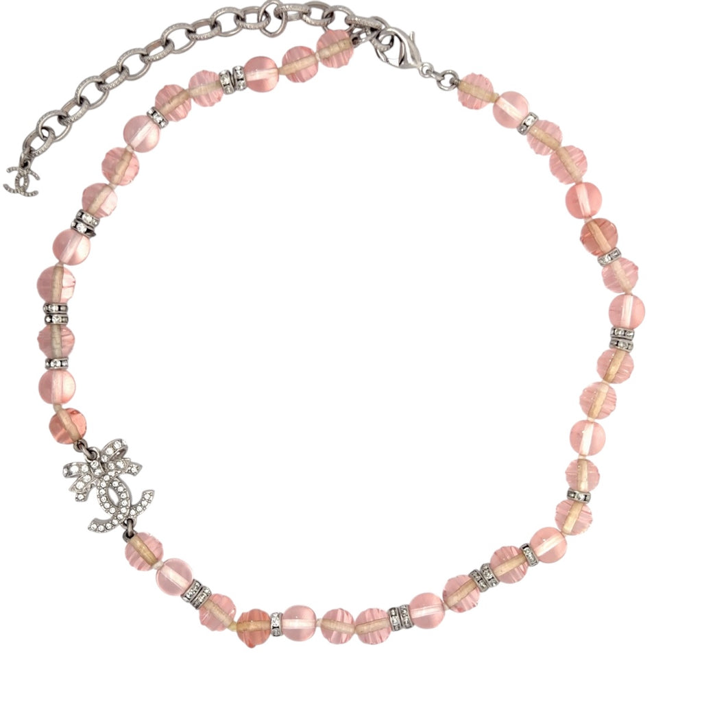 Chanel 2023 Chanel Stass & Pink Bead RS CC Bow Choker Necklace SHW
