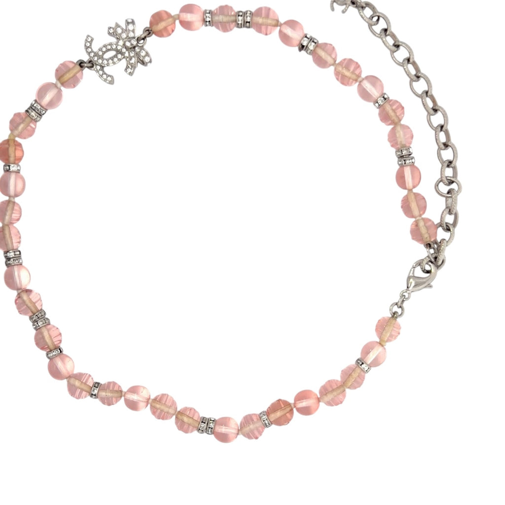 Chanel 2023 Chanel Stass & Pink Bead RS CC Bow Choker Necklace SHW